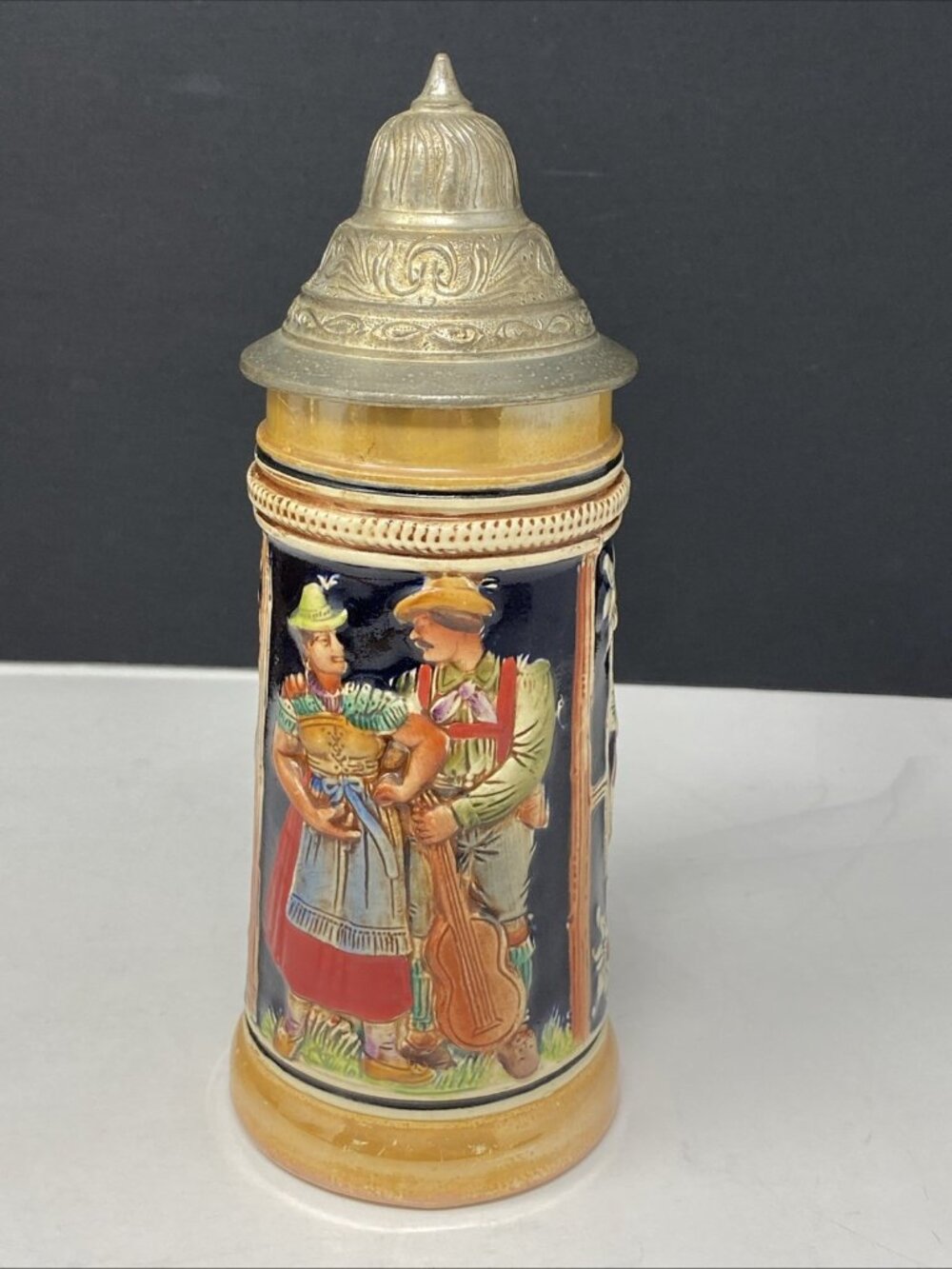 Vintage Gerz German Ceramic Beer Stein Bavarian Couple Pewter Lid 8.5” READ